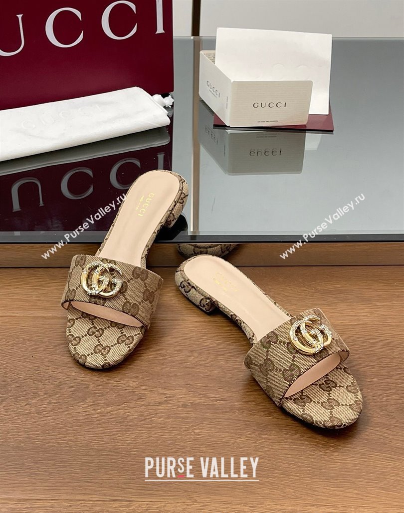 Gucci GG Canvas Flat Slides Sandal with Strass Double G Beige 2025 GG042301 (MD-250423046)
