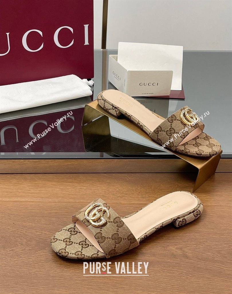 Gucci GG Canvas Flat Slides Sandal with Strass Double G Beige 2025 GG042301 (MD-250423046)