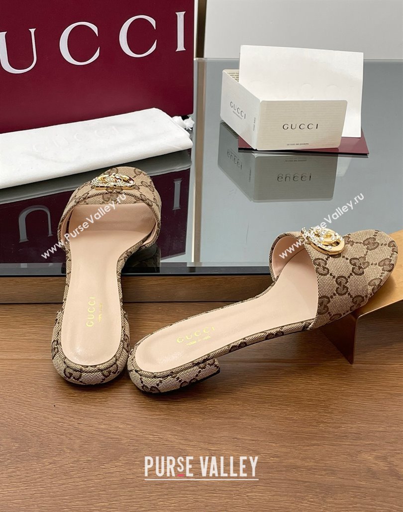 Gucci GG Canvas Flat Slides Sandal with Strass Double G Beige 2025 GG042301 (MD-250423046)