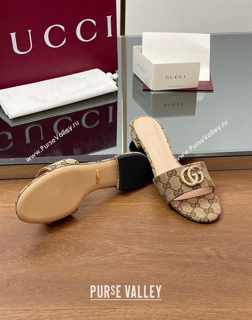 Gucci GG Canvas Flat Slides Sandal with Strass Double G Beige 2025 GG042301 (MD-250423046)