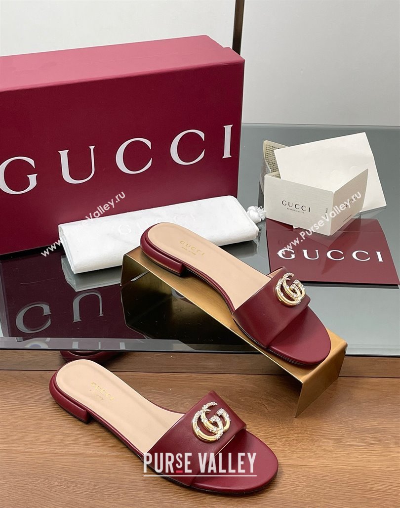 Gucci Leather Flat Slides Sandal with Strass Double G Burgundy 2025 GG042301 (MD-250423048)