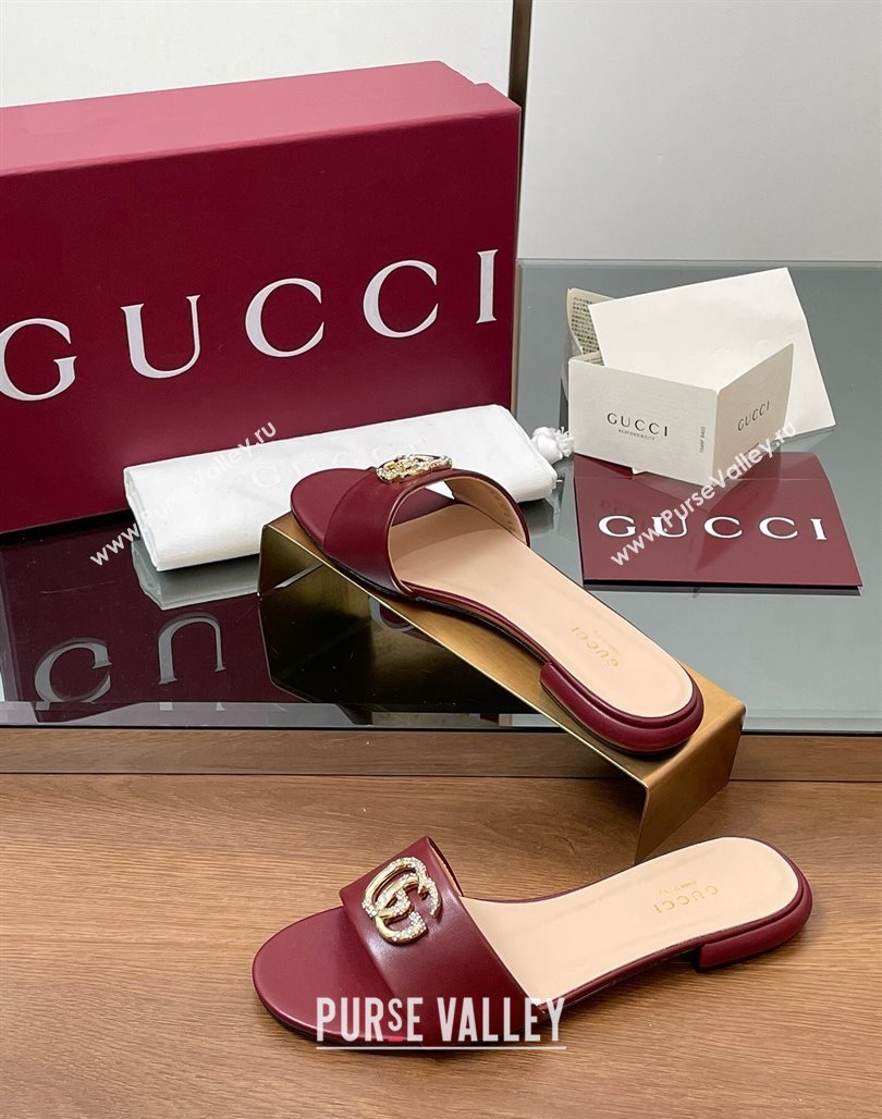 Gucci Leather Flat Slides Sandal with Strass Double G Burgundy 2025 GG042301 (MD-250423048)