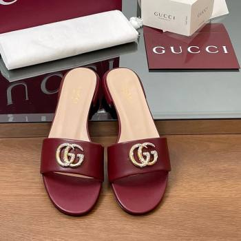 Gucci Leather Flat Slides Sandal with Strass Double G Burgundy 2025 GG042301 (MD-250423048)