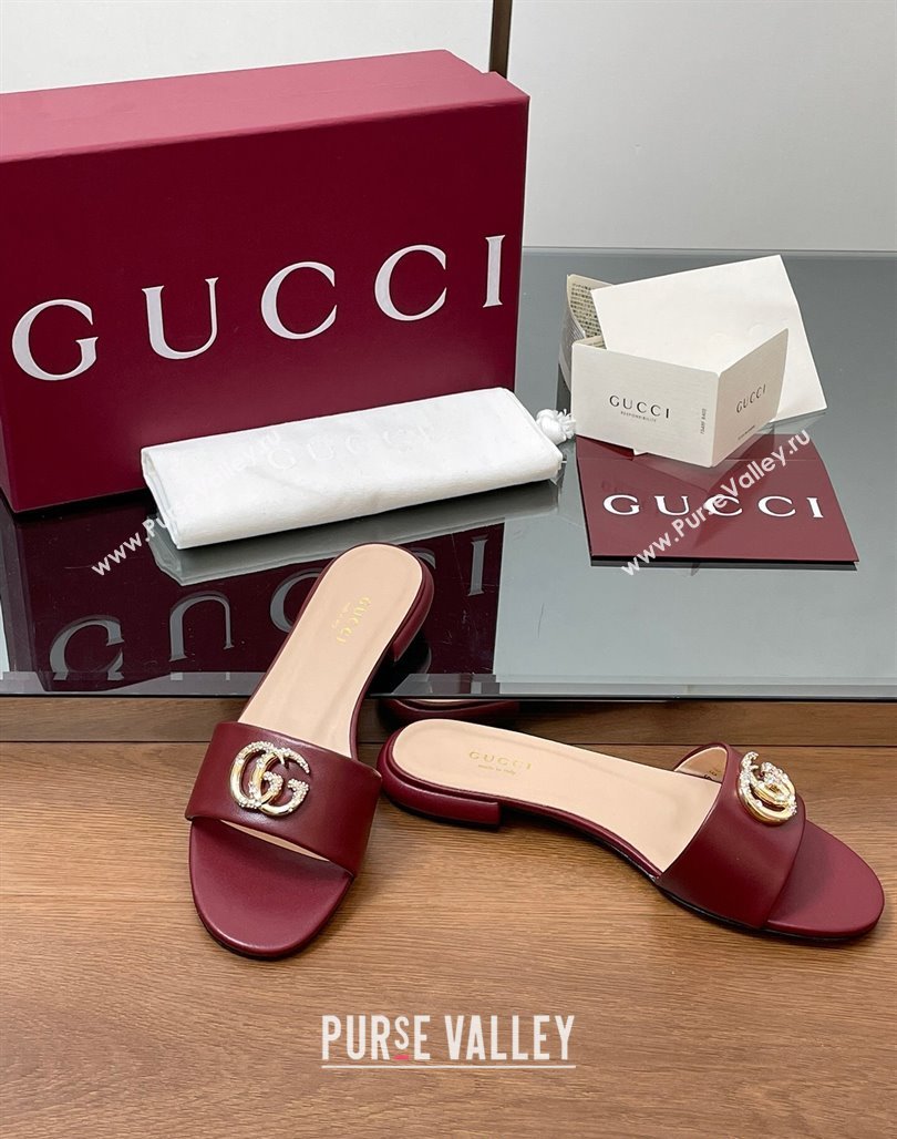 Gucci Leather Flat Slides Sandal with Strass Double G Burgundy 2025 GG042301 (MD-250423048)