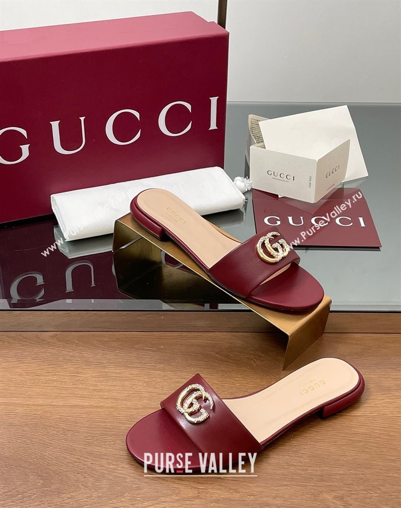 Gucci Leather Flat Slides Sandal with Strass Double G Burgundy 2025 GG042301 (MD-250423048)