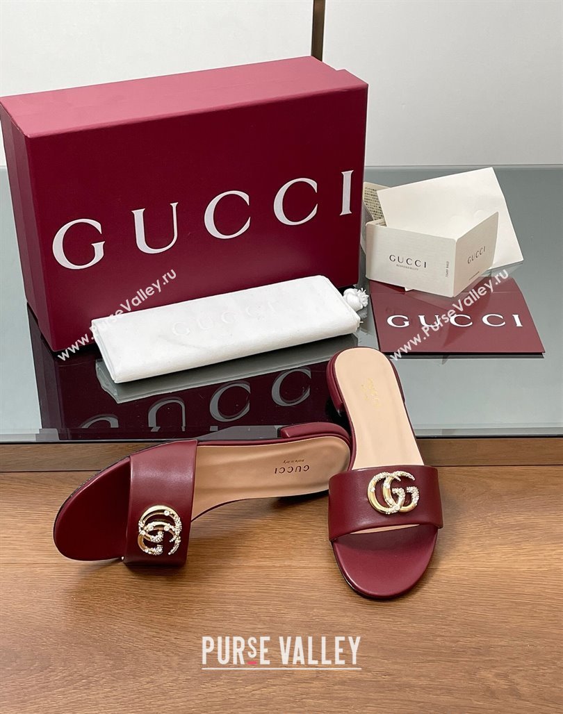 Gucci Leather Flat Slides Sandal with Strass Double G Burgundy 2025 GG042301 (MD-250423048)