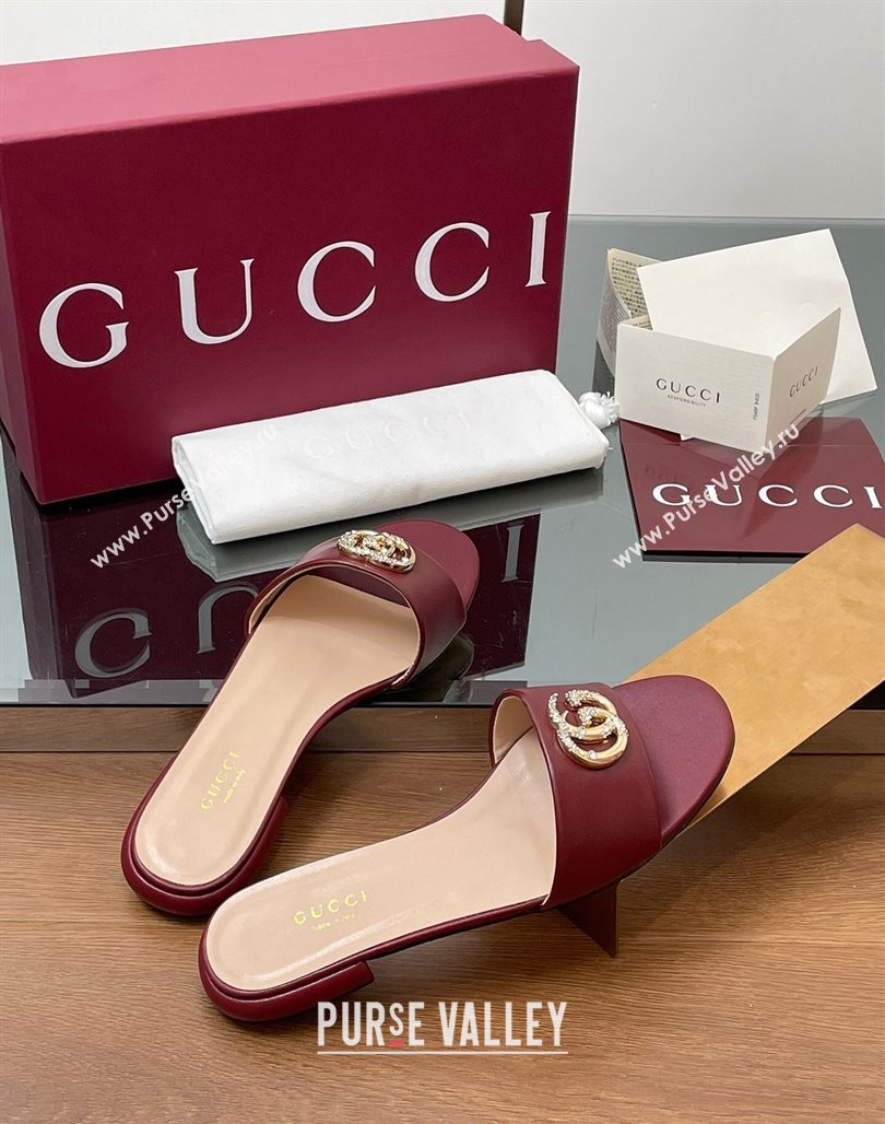 Gucci Leather Flat Slides Sandal with Strass Double G Burgundy 2025 GG042301 (MD-250423048)