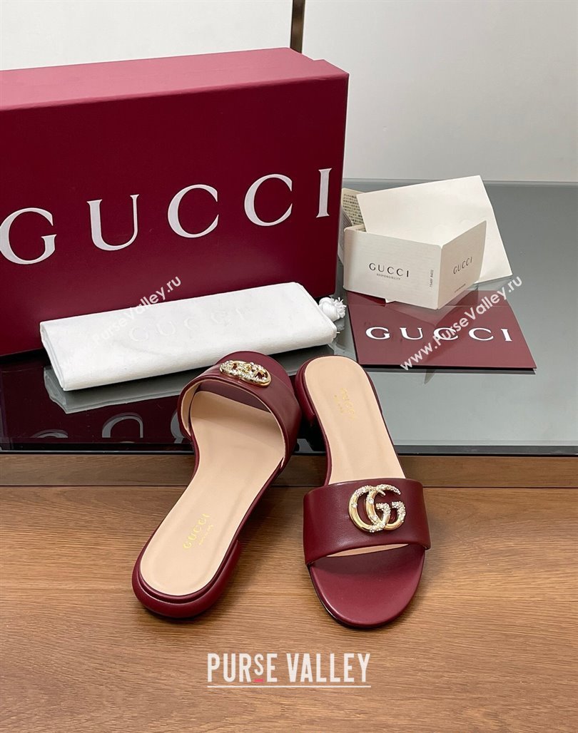 Gucci Leather Flat Slides Sandal with Strass Double G Burgundy 2025 GG042301 (MD-250423048)