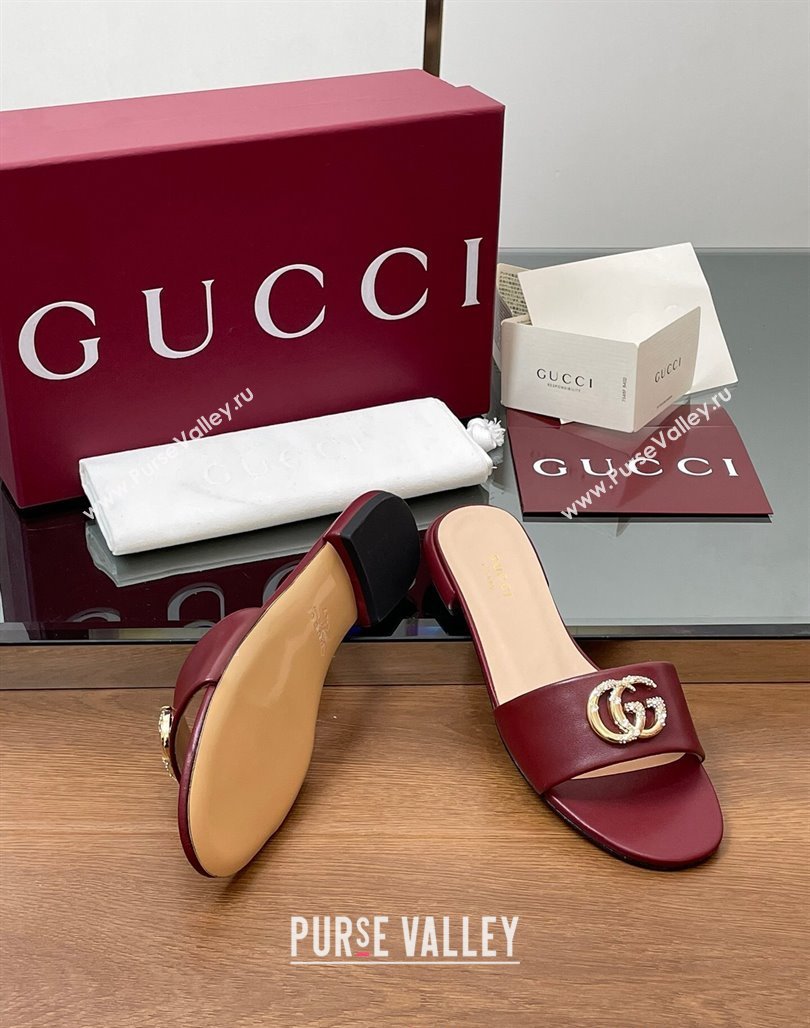 Gucci Leather Flat Slides Sandal with Strass Double G Burgundy 2025 GG042301 (MD-250423048)