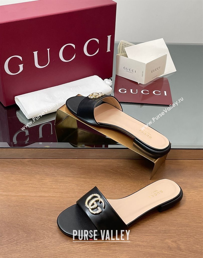 Gucci Leather Flat Slides Sandal with Strass Double G Black 2025 GG042301 (MD-250423049)