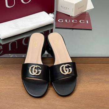 Gucci Leather Flat Slides Sandal with Strass Double G Black 2025 GG042301 (MD-250423049)