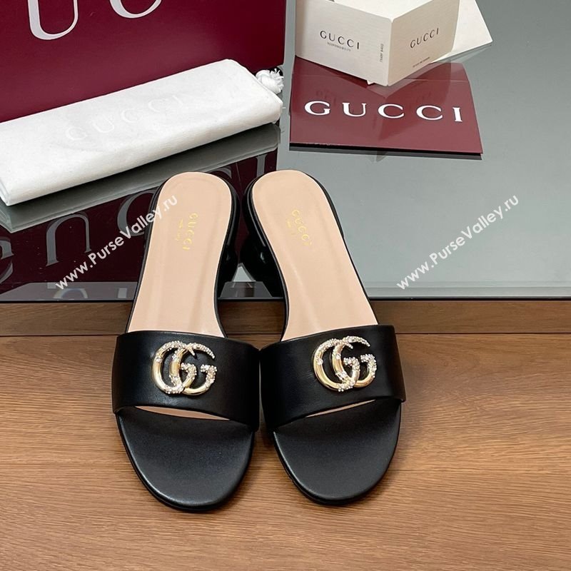 Gucci Leather Flat Slides Sandal with Strass Double G Black 2025 GG042301 (MD-250423049)