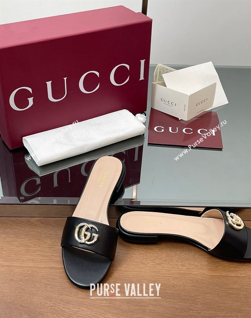 Gucci Leather Flat Slides Sandal with Strass Double G Black 2025 GG042301 (MD-250423049)