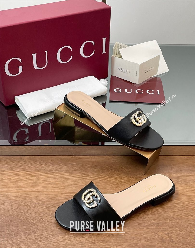 Gucci Leather Flat Slides Sandal with Strass Double G Black 2025 GG042301 (MD-250423049)