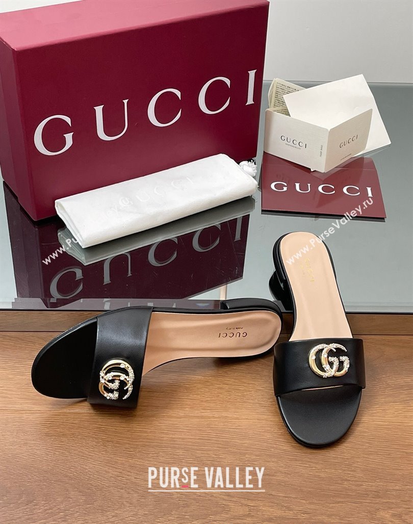 Gucci Leather Flat Slides Sandal with Strass Double G Black 2025 GG042301 (MD-250423049)
