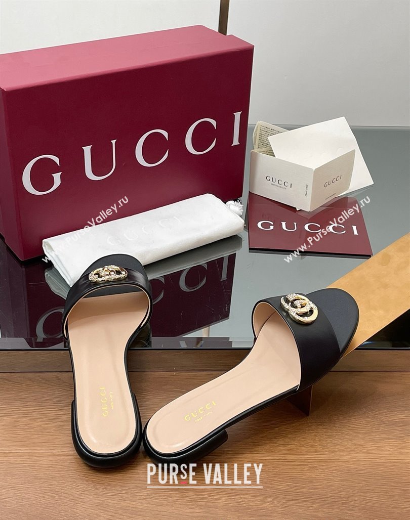 Gucci Leather Flat Slides Sandal with Strass Double G Black 2025 GG042301 (MD-250423049)