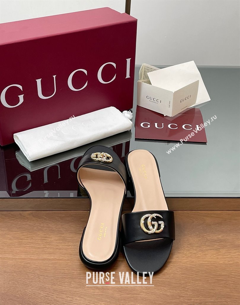 Gucci Leather Flat Slides Sandal with Strass Double G Black 2025 GG042301 (MD-250423049)