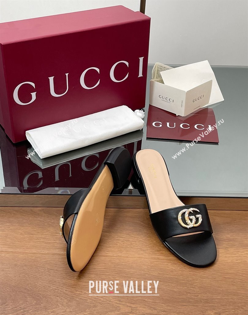 Gucci Leather Flat Slides Sandal with Strass Double G Black 2025 GG042301 (MD-250423049)