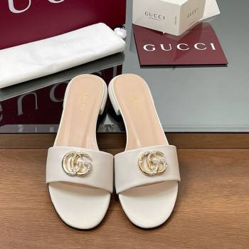Gucci Leather Flat Slides Sandal with Strass Double G White 2025 GG042301 (MD-250423050)