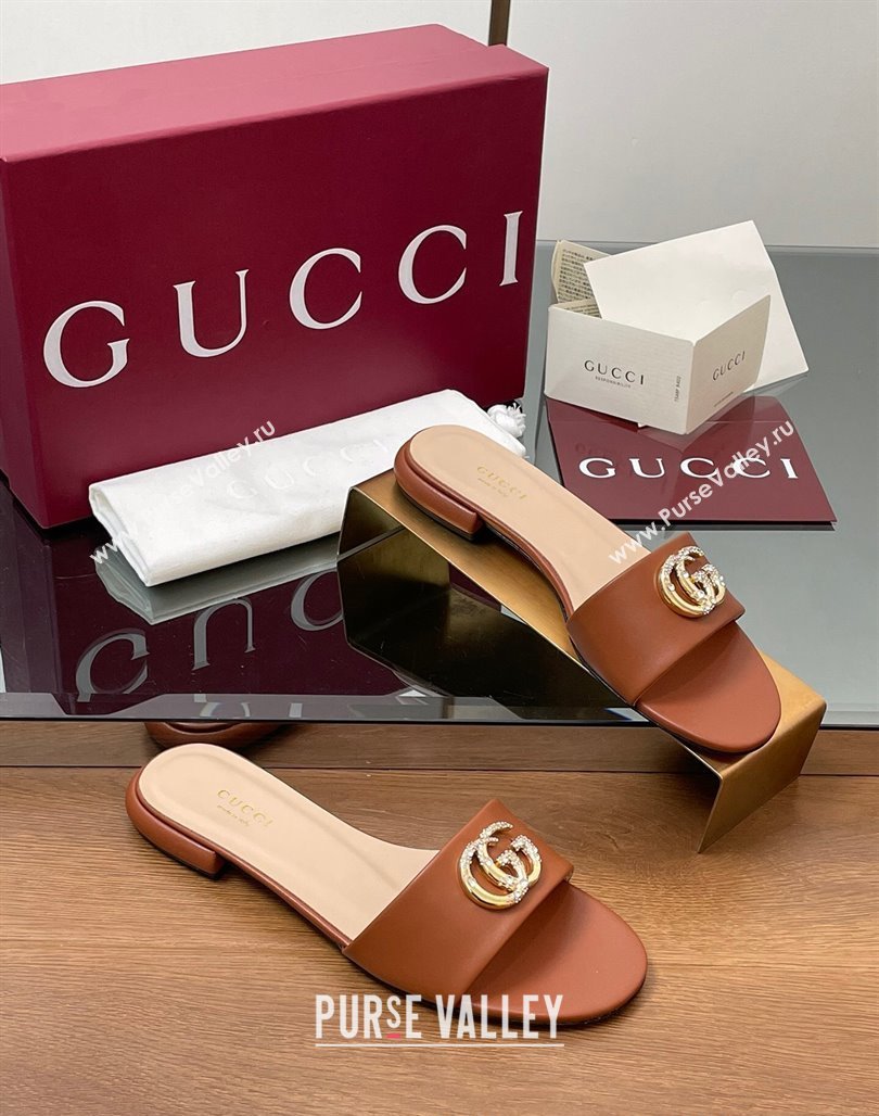 Gucci Leather Flat Slides Sandal with Strass Double G Brown 2025 GG042301 (MD-250423051)