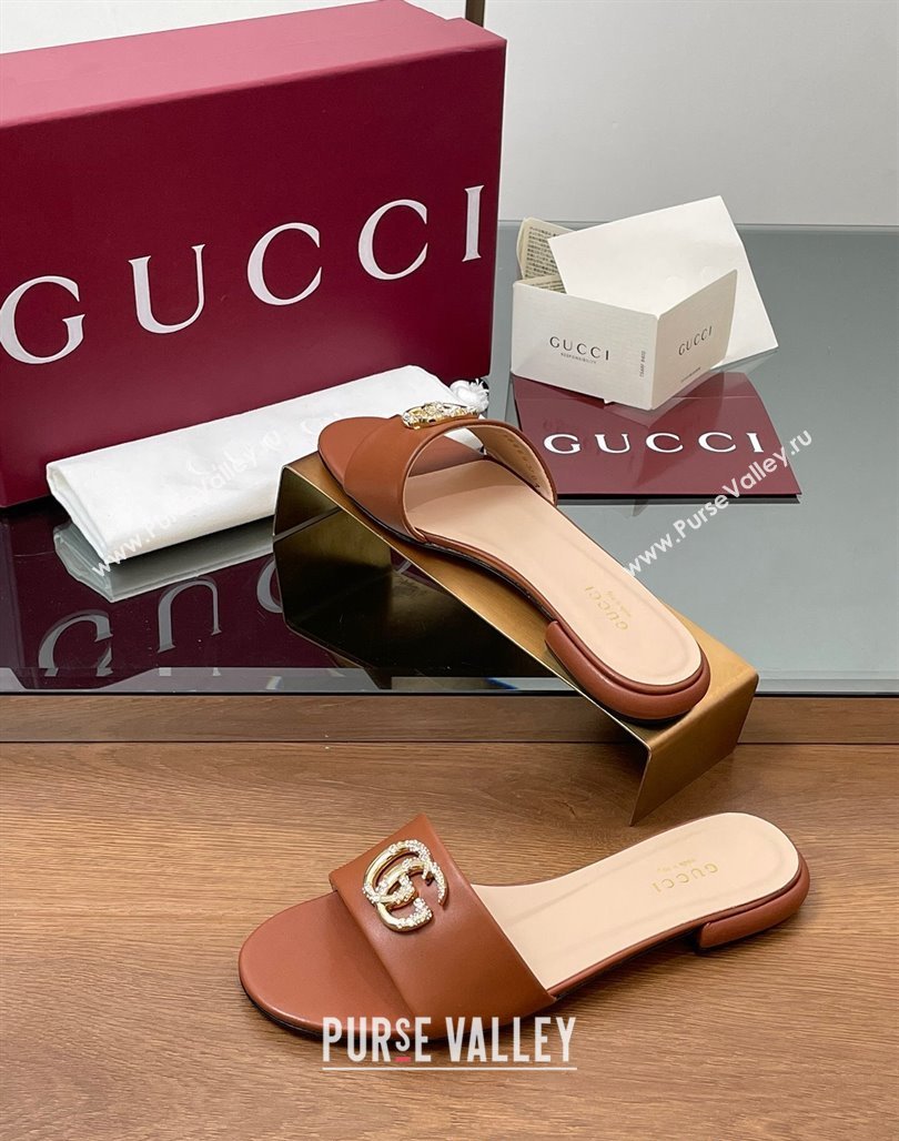Gucci Leather Flat Slides Sandal with Strass Double G Brown 2025 GG042301 (MD-250423051)