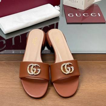 Gucci Leather Flat Slides Sandal with Strass Double G Brown 2025 GG042301 (MD-250423051)