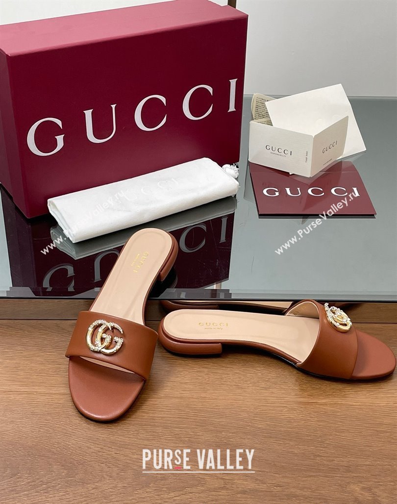 Gucci Leather Flat Slides Sandal with Strass Double G Brown 2025 GG042301 (MD-250423051)