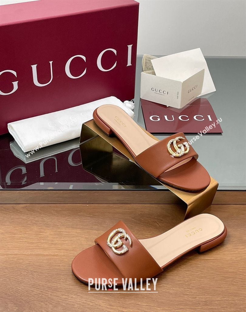 Gucci Leather Flat Slides Sandal with Strass Double G Brown 2025 GG042301 (MD-250423051)
