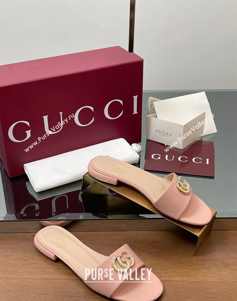 Gucci Leather Flat Slides Sandal with Strass Double G Light Pink 2025 GG042301 (MD-250423052)