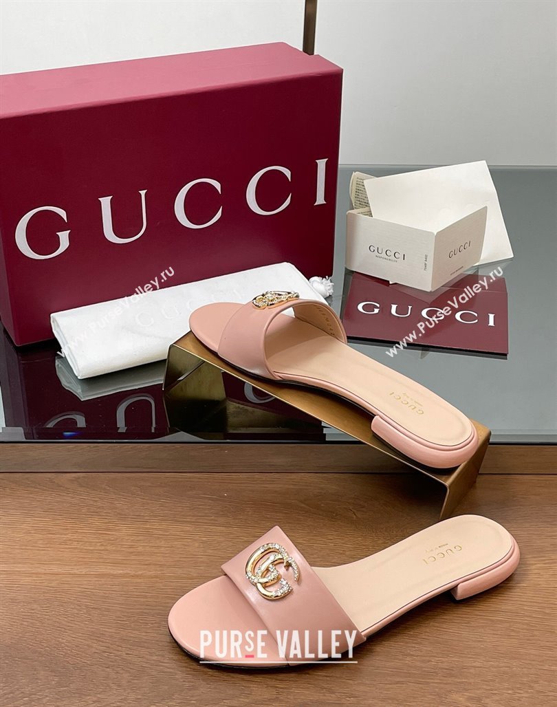 Gucci Leather Flat Slides Sandal with Strass Double G Light Pink 2025 GG042301 (MD-250423052)