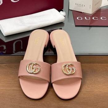 Gucci Leather Flat Slides Sandal with Strass Double G Light Pink 2025 GG042301 (MD-250423052)