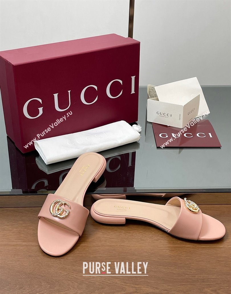 Gucci Leather Flat Slides Sandal with Strass Double G Light Pink 2025 GG042301 (MD-250423052)
