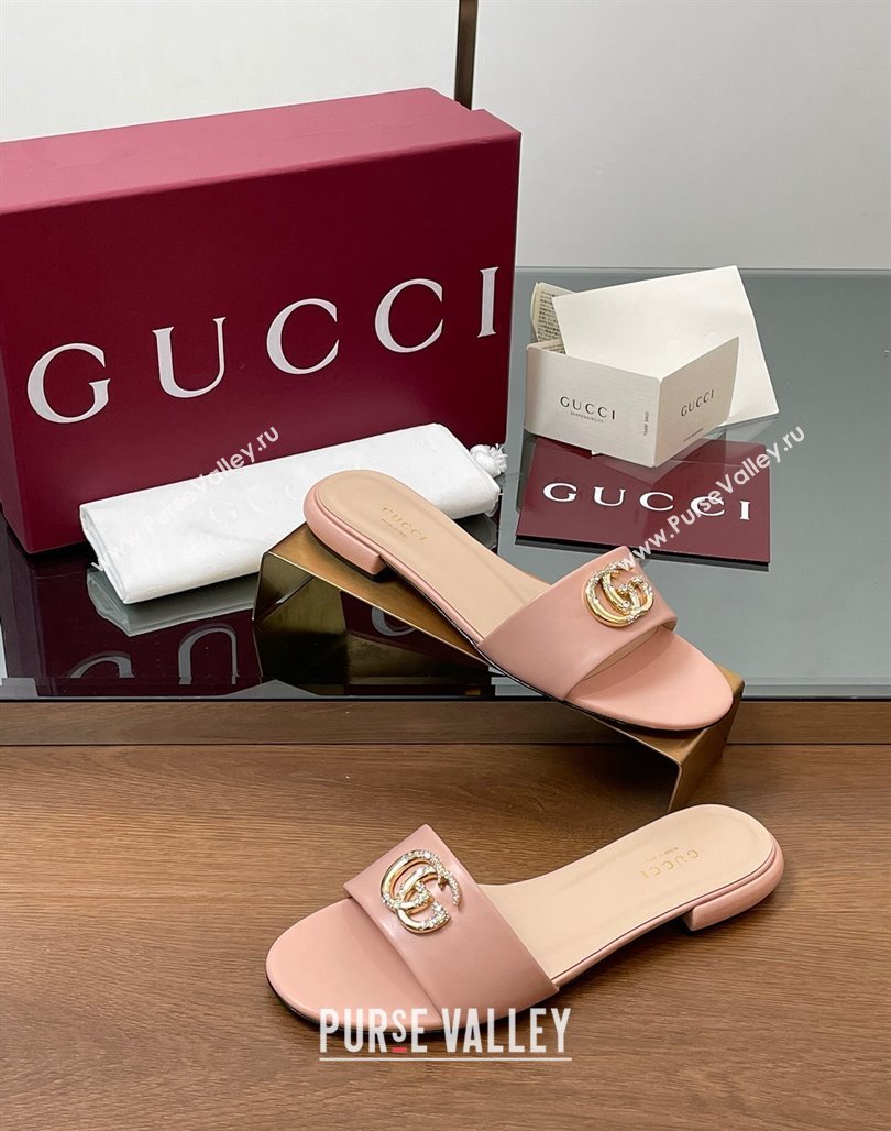 Gucci Leather Flat Slides Sandal with Strass Double G Light Pink 2025 GG042301 (MD-250423052)