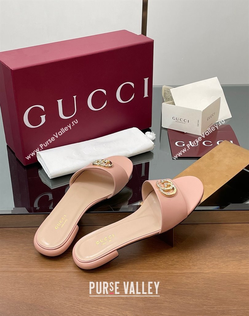 Gucci Leather Flat Slides Sandal with Strass Double G Light Pink 2025 GG042301 (MD-250423052)