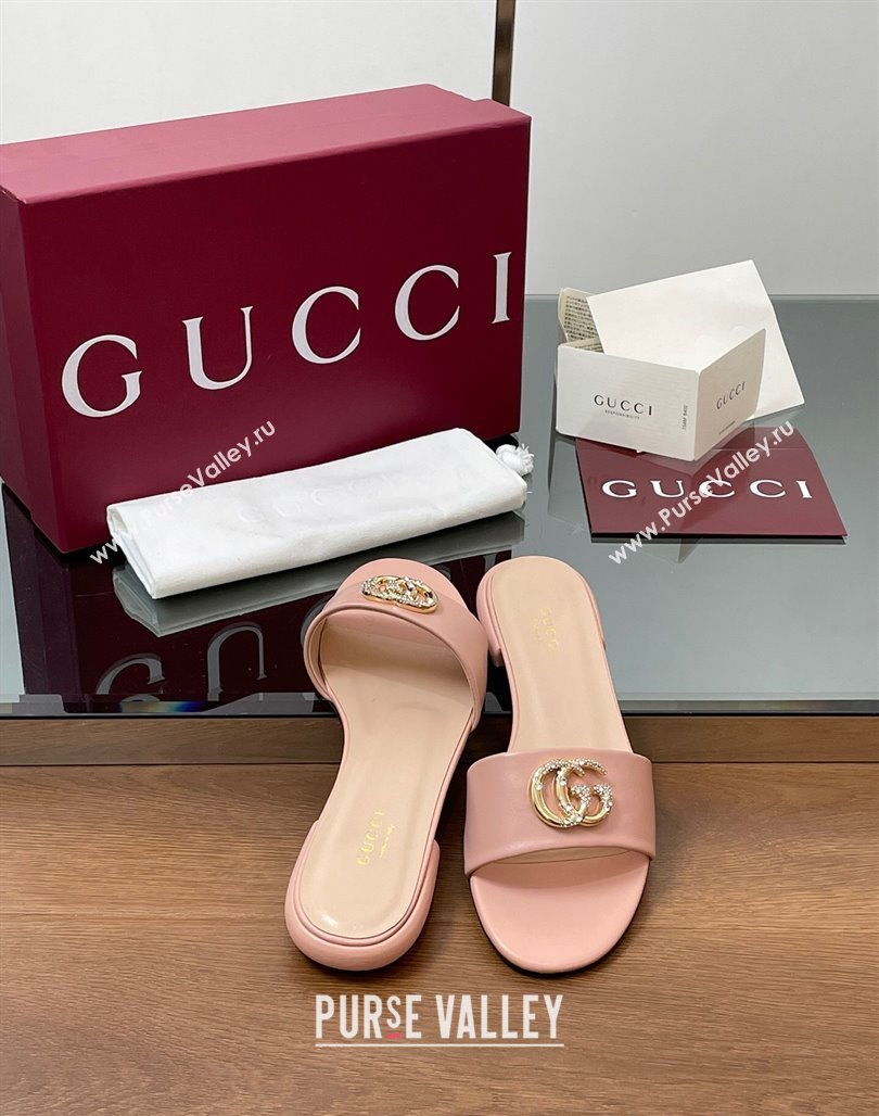 Gucci Leather Flat Slides Sandal with Strass Double G Light Pink 2025 GG042301 (MD-250423052)
