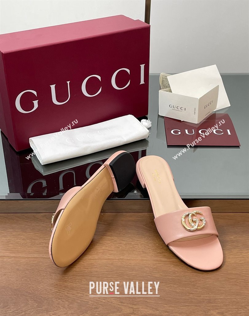 Gucci Leather Flat Slides Sandal with Strass Double G Light Pink 2025 GG042301 (MD-250423052)