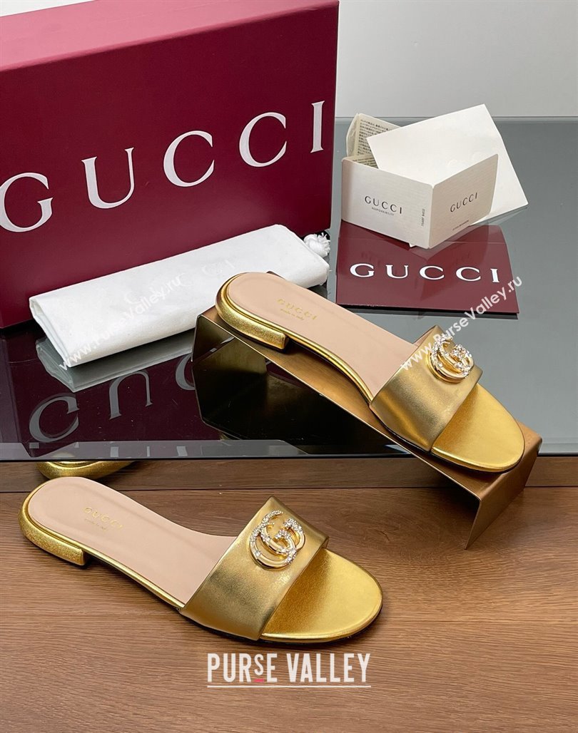 Gucci Leather Flat Slides Sandal with Strass Double G Gold 2025 GG042301 (MD-250423053)