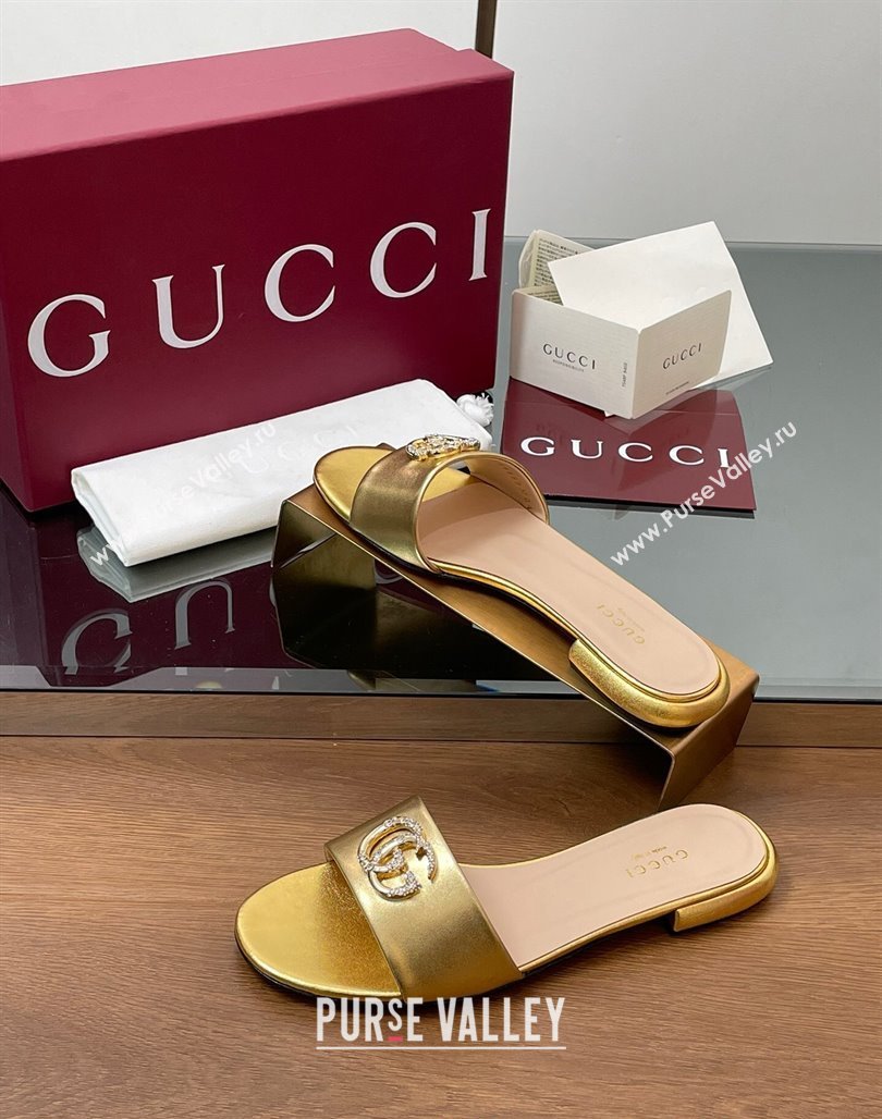 Gucci Leather Flat Slides Sandal with Strass Double G Gold 2025 GG042301 (MD-250423053)