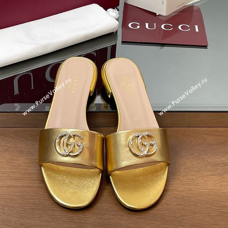 Gucci Leather Flat Slides Sandal with Strass Double G Gold 2025 GG042301 (MD-250423053)