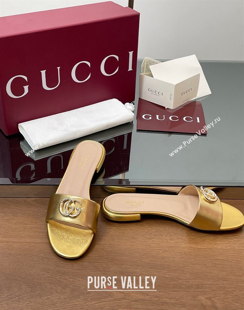 Gucci Leather Flat Slides Sandal with Strass Double G Gold 2025 GG042301 (MD-250423053)
