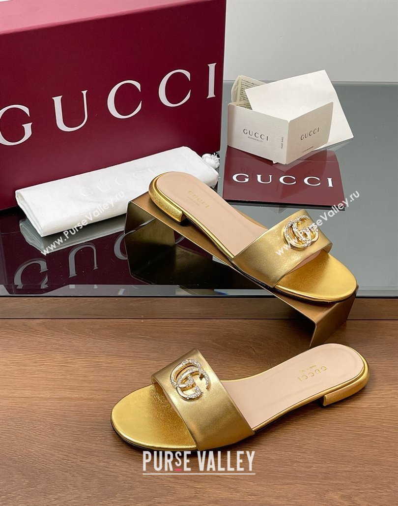 Gucci Leather Flat Slides Sandal with Strass Double G Gold 2025 GG042301 (MD-250423053)