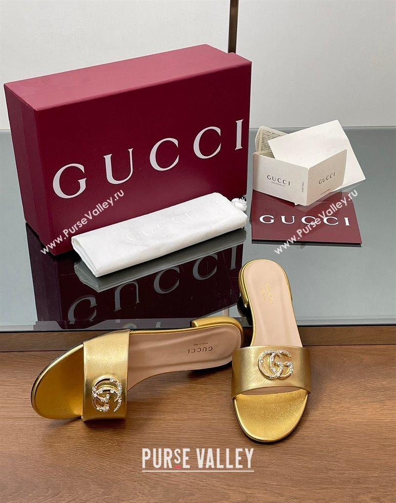 Gucci Leather Flat Slides Sandal with Strass Double G Gold 2025 GG042301 (MD-250423053)