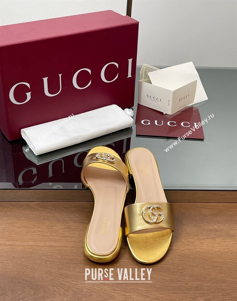 Gucci Leather Flat Slides Sandal with Strass Double G Gold 2025 GG042301 (MD-250423053)