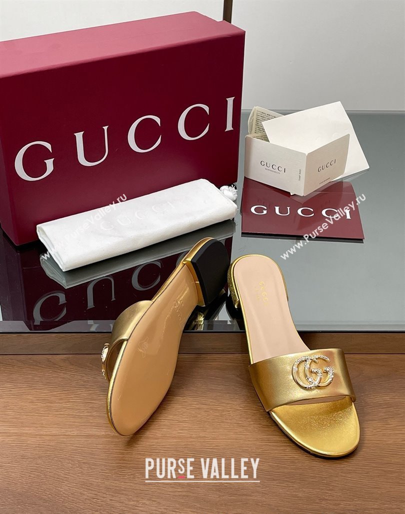 Gucci Leather Flat Slides Sandal with Strass Double G Gold 2025 GG042301 (MD-250423053)