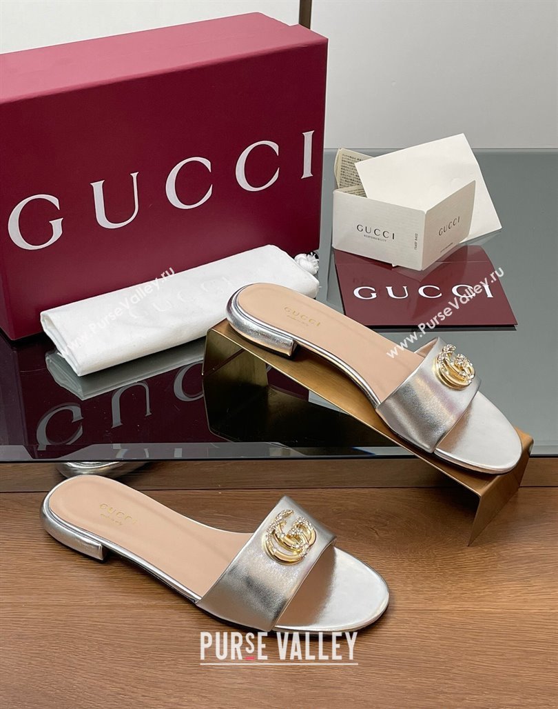 Gucci Leather Flat Slides Sandal with Strass Double G Silver 2025 GG042301 (MD-250423054)