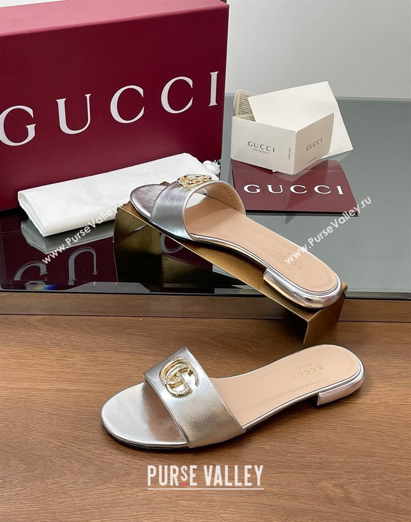 Gucci Leather Flat Slides Sandal with Strass Double G Silver 2025 GG042301 (MD-250423054)