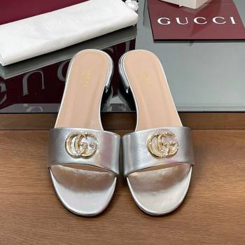 Gucci Leather Flat Slides Sandal with Strass Double G Silver 2025 GG042301 (MD-250423054)