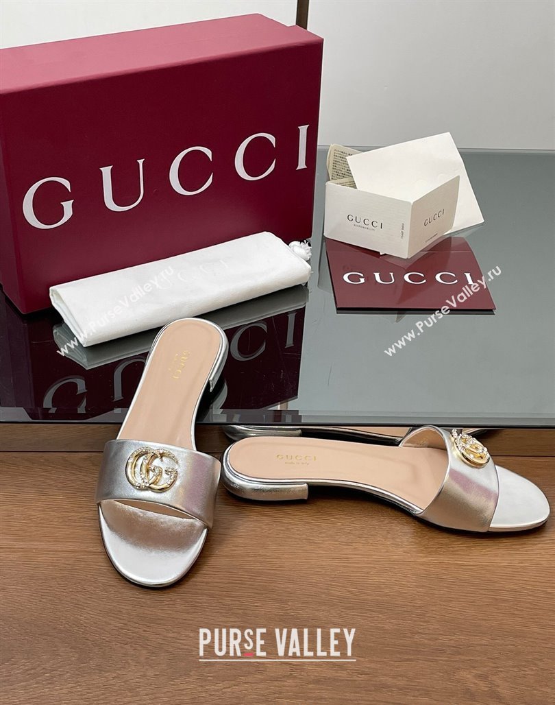 Gucci Leather Flat Slides Sandal with Strass Double G Silver 2025 GG042301 (MD-250423054)