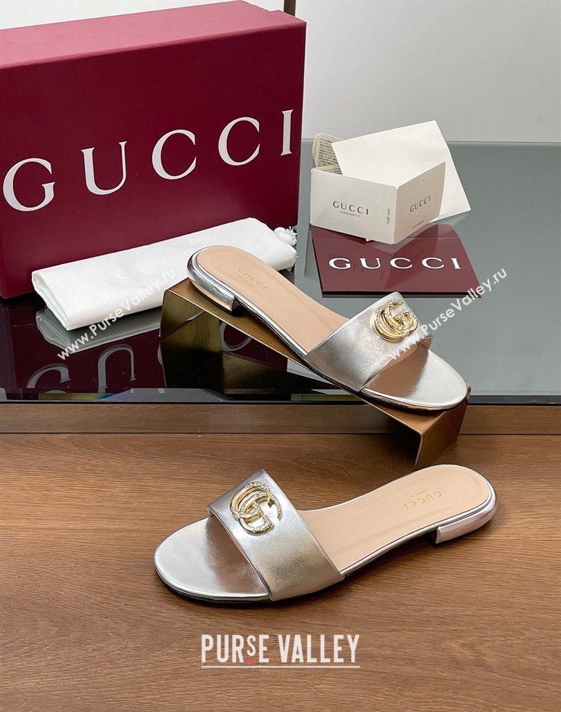 Gucci Leather Flat Slides Sandal with Strass Double G Silver 2025 GG042301 (MD-250423054)