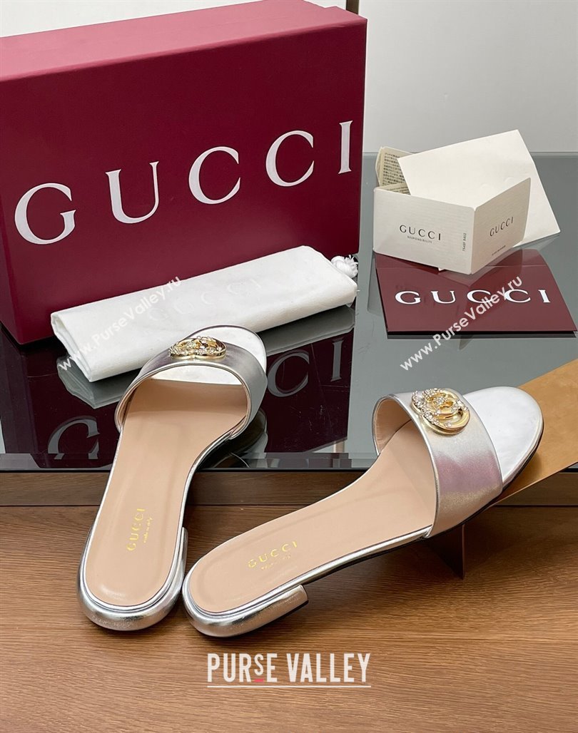 Gucci Leather Flat Slides Sandal with Strass Double G Silver 2025 GG042301 (MD-250423054)